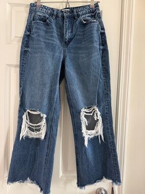 Distressed Wide-Leg Blue Jeans with Knee Rips